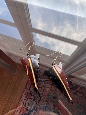 Handcrafted Black and Brown Leaf Drop Earrings, Coconut Shell, Vintage